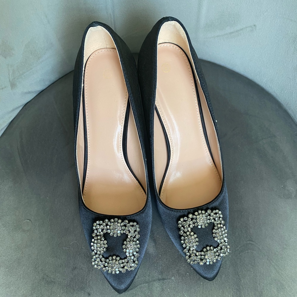 💎HANGISl💎Style Black Satin Jewel Buckle Pumps Heels / Festive Season Wedding